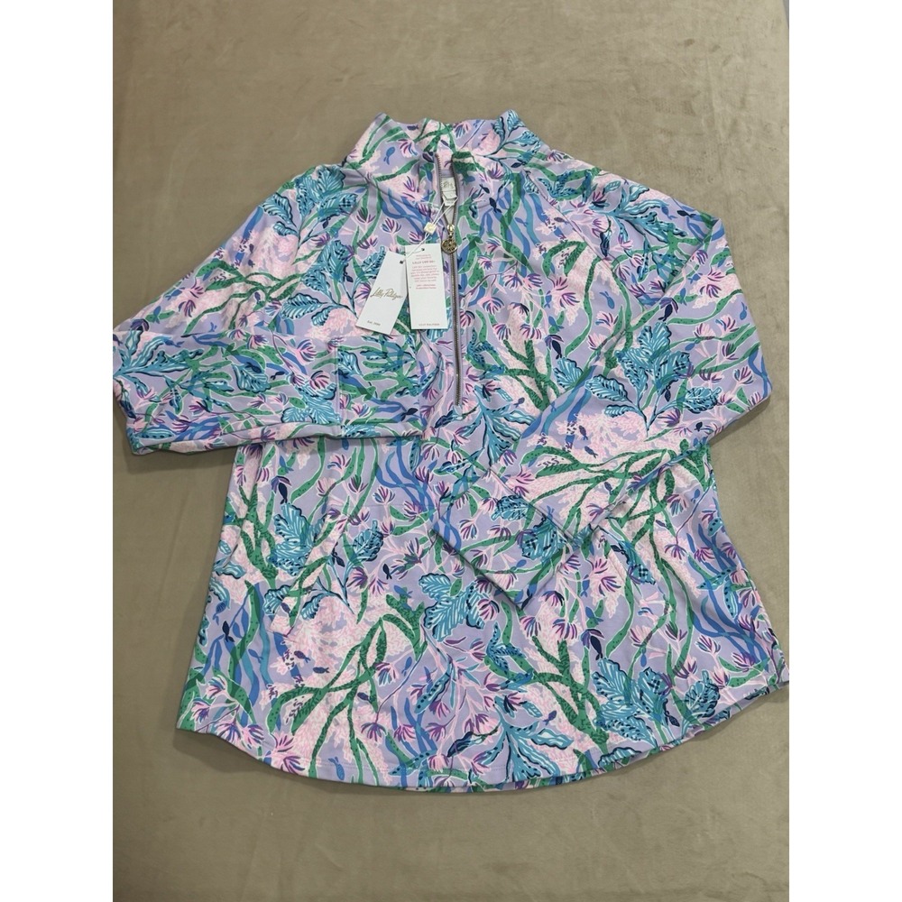 Lilly Pulitzer UPF 50+ Quarter-Zip Pullover – NWT Blue Floral Bloom (Size L) - Picture 2 of 10